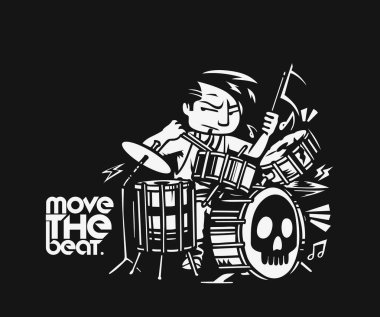 Rockstar oynayan çocuk davul t-shirt tasarım, vektör çizim.