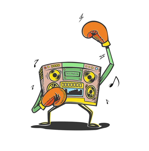 Radio Caja Música Con Guantes Boxeo Lucha Concepto Competencia Música — Vector de stock