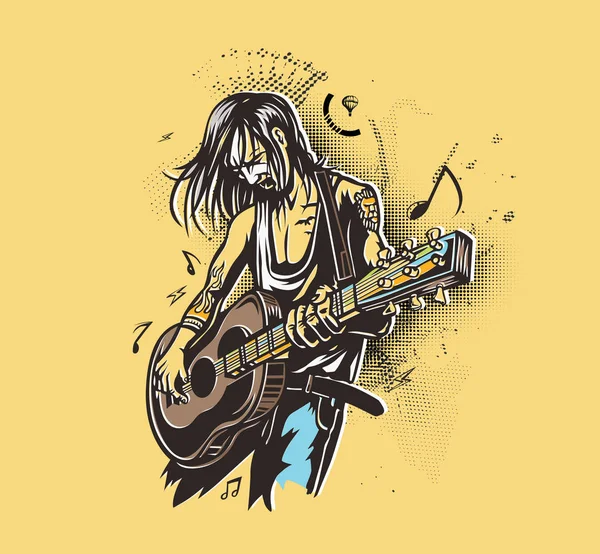 Rockstar Ragazzo Suonare Chitarra Con Testo Spostare Ritmo Vettoriale Illustrazione — Vettoriale Stock