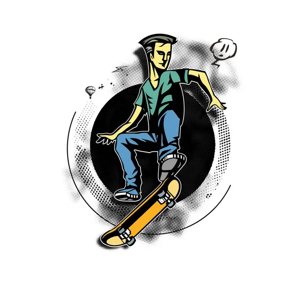Shirt Ontwerp Coole Hipster Schaatser Met Skateboard Peel Sticker Vector — Stockvector