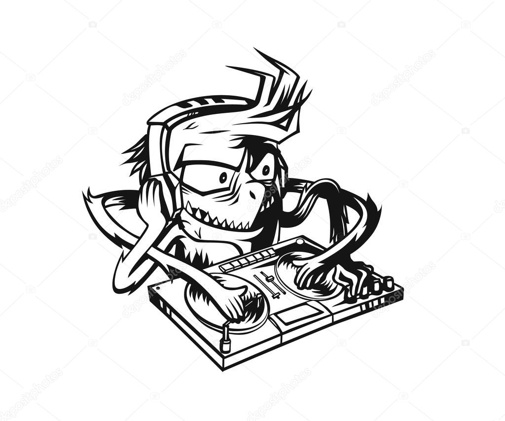 Monster dj beard mixing music on the turntables. Vector Illustration.