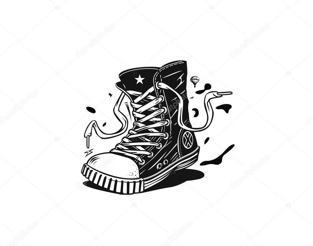 Hipster sneakers in hand drawn graphic, Vector fashion illustration.