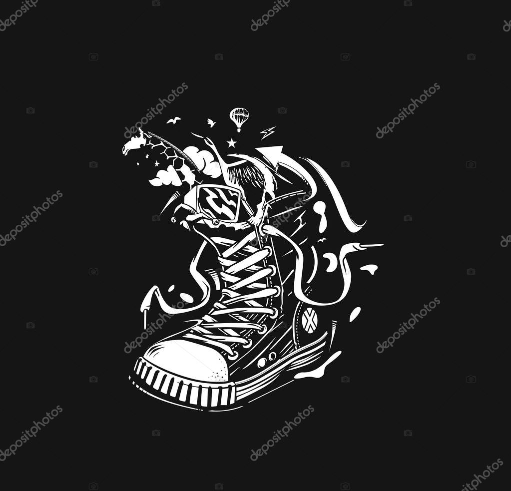 Hipster sneakers in hand drawn graphic, Vector fashion illustration.