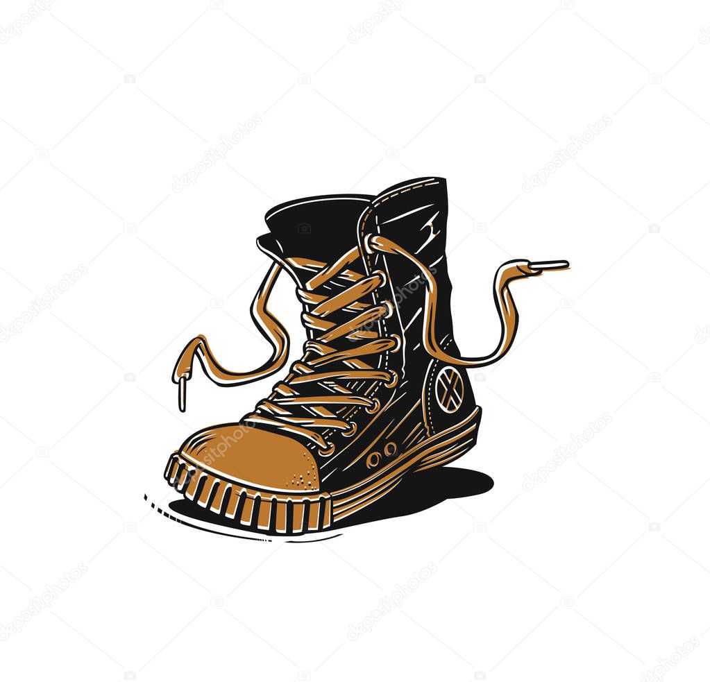Hipster sneakers in hand drawn graphic, Vector fashion illustration.