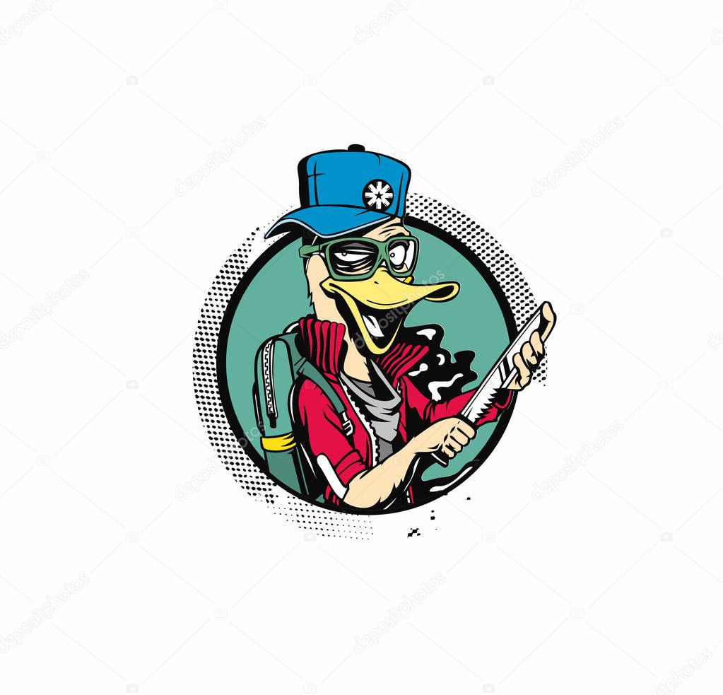 Duck thief cartoon holding knife in his hand concept for t-shirt print, vector illustration.