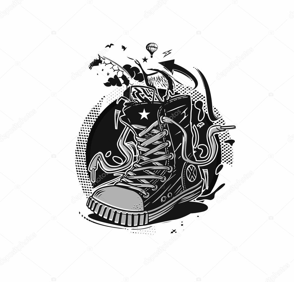 Hipster sneakers in hand drawn graphic, Vector fashion illustration.