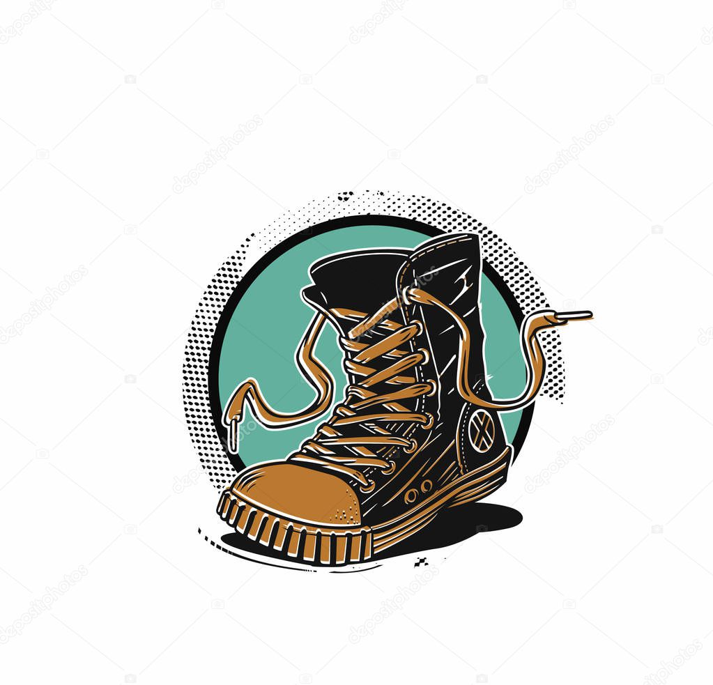 Hipster sneakers in hand drawn graphic, Vector fashion illustration.