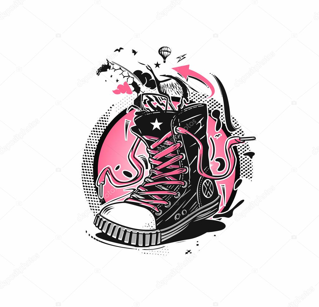 Hipster sneakers in hand drawn graphic, Vector fashion illustration.