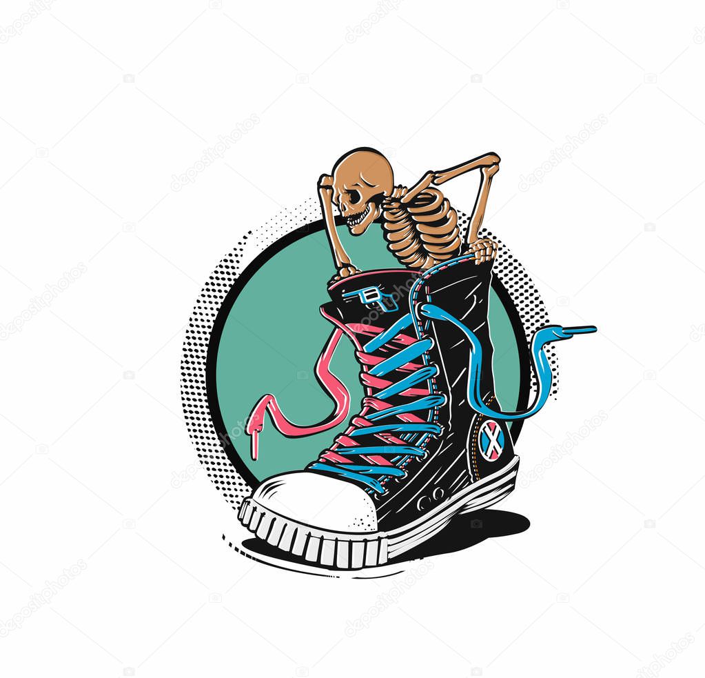 Hipster sneakers in hand drawn graphic, Vector fashion illustration.