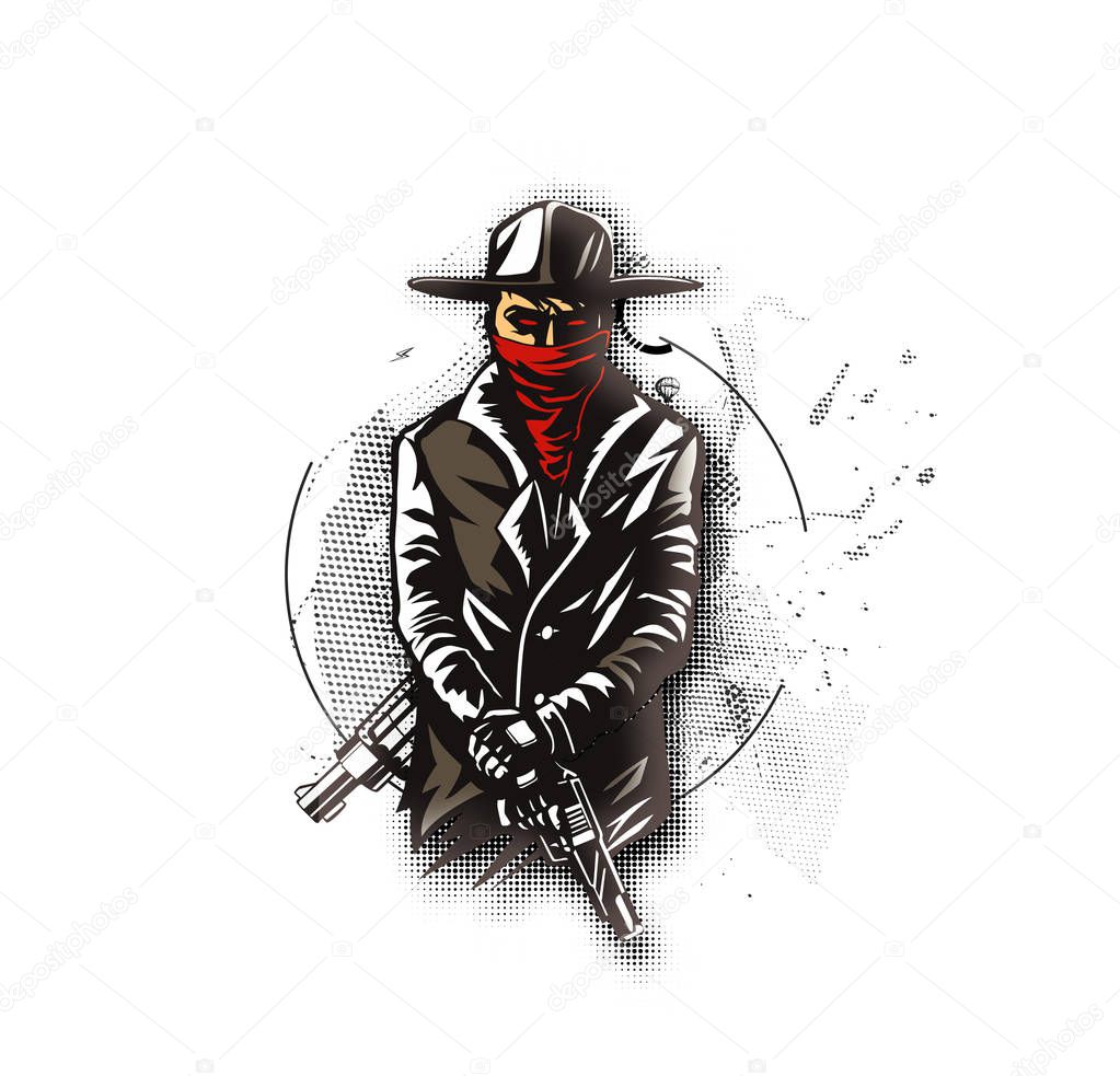 Silhouette of a gangster with a gun in hand - Vector Illustration. 