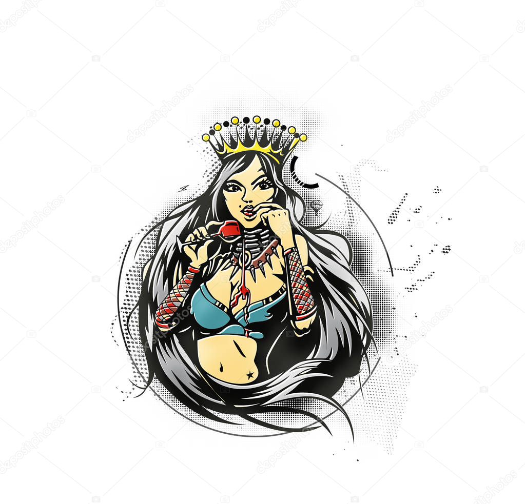 Queen with a glass of wine, vector illustration.