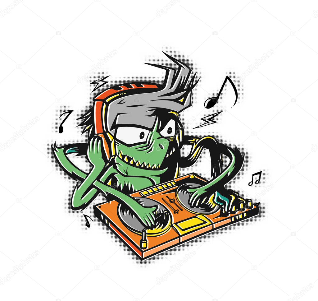 Monster dj beard mixing music on the turntables. stiker Vector Illustration.
