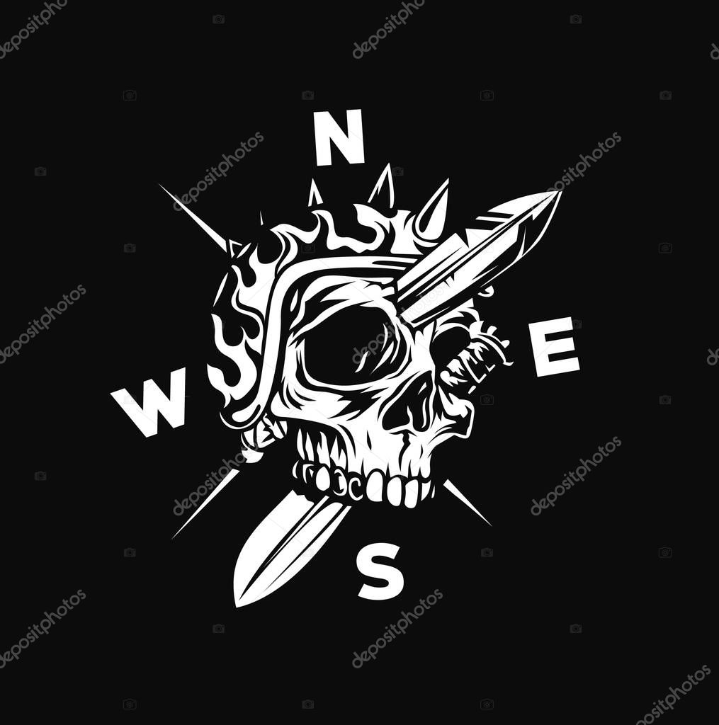 Skull Compass T shirt Graphic Design, Vector illustration.