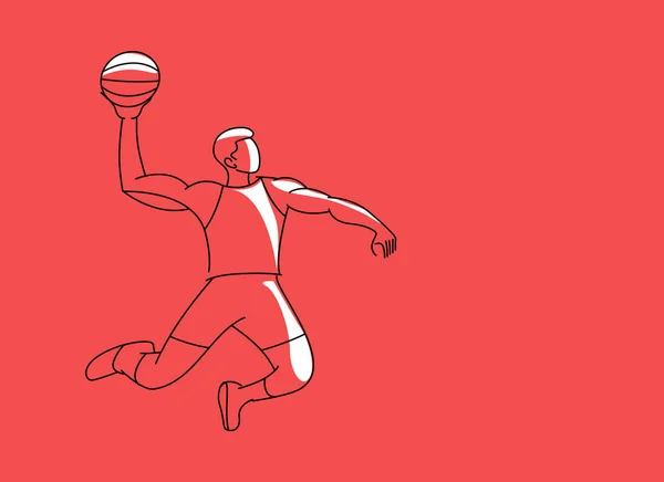 線の描画、ベクトル イラストの液体につけることをジャンプのバスケット ボール選手 — ストックベクタ