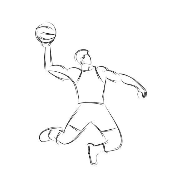 Giocatore di basket saltando schiacciando in linea disegno, vettoriale illust — Vettoriale Stock