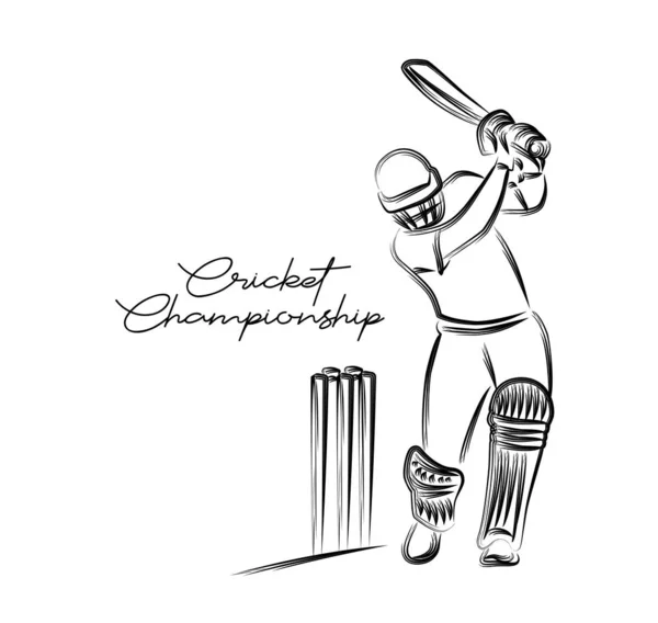 Konsep Batsman Playing Cricket - kejuaraan, Line art des - Stok Vektor