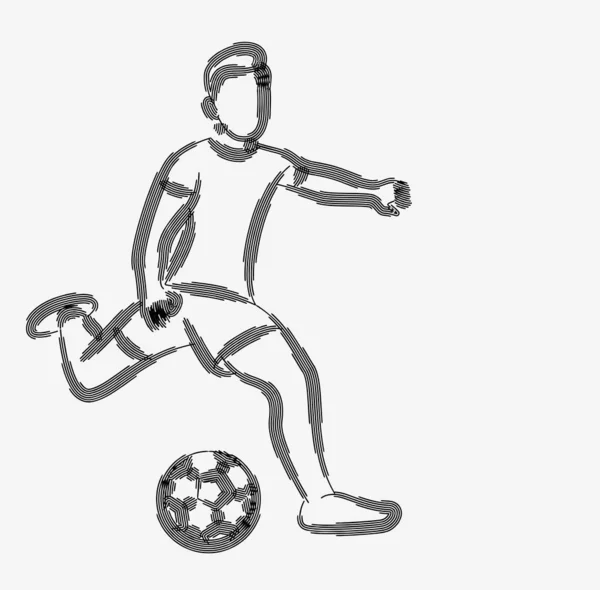 Jogador de futebol chuta a bola, linha plana arte vector illustratio — Vetor de Stock