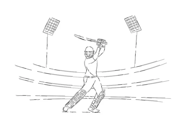 Concepto de Batsman Jugando Cricket - campeonato, Line art des — Archivo Imágenes Vectoriales