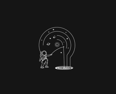 Bir delik üzerinde bir iplik çubuk alıcı balık ile aastronot, düz Lin