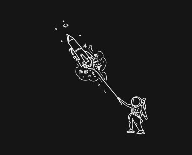 Astronot fırlatma roket, düz çizgi sanat vektör tasarım. 