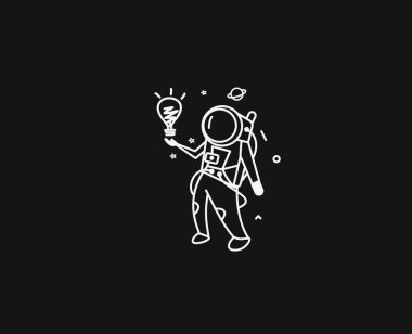 Astronot adam ışık fikir ampul bakıyor, karikatür düz çizgi sanat 