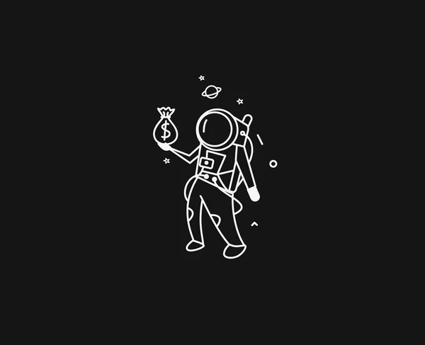 Astronauta segurando saco de dinheiro - Ilustração de design de arte de linha plana . — Vetor de Stock