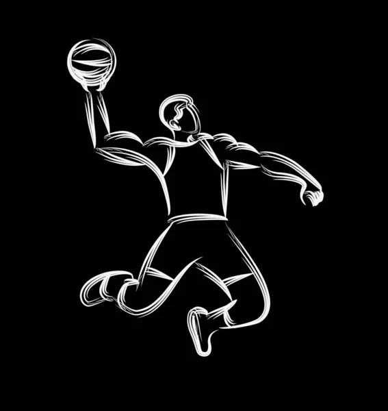 Basketballer springen dunking in lijntekening, vector illust — Stockvector