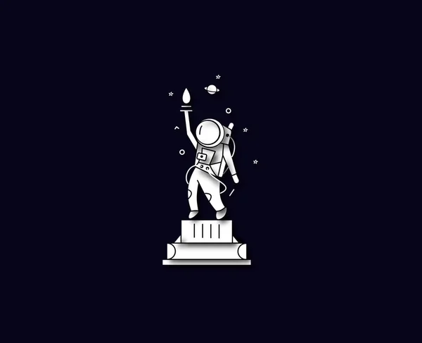 Astronauten-Statue von Freiheitssymbol, flache Linie Kunstdesign illustrieren — Stockvektor