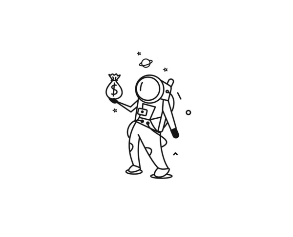 Astronauta sosteniendo bolsa de dinero - Ilustración de diseño de arte de línea plana . — Vector de stock