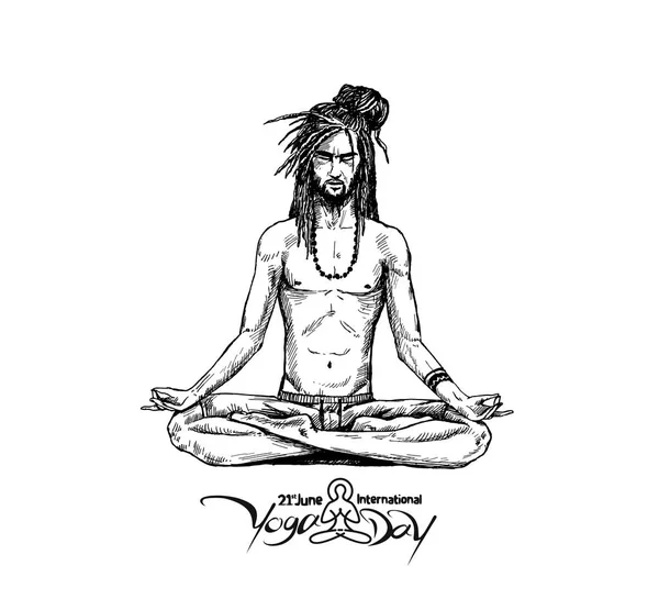 Yoga Guru Baba Buscando la Paz Interior. Dibuje a mano Sketch Vector — Vector de stock