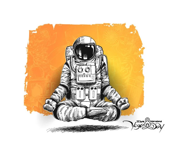 Astronaut in ruimtepak yoga gebaren, hand getekende schets vector — Stockvector