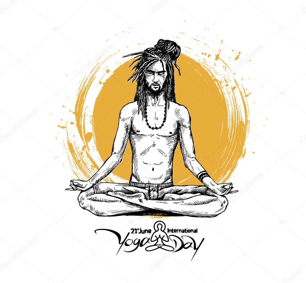 Yoga Guru Baba Looking for Inner Peace. Hand Draw Sketch Vector 