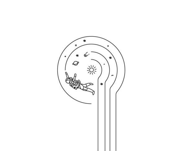 Astronautul cade într-un cosmos - Flat Line Art Design Illust — Vector de stoc