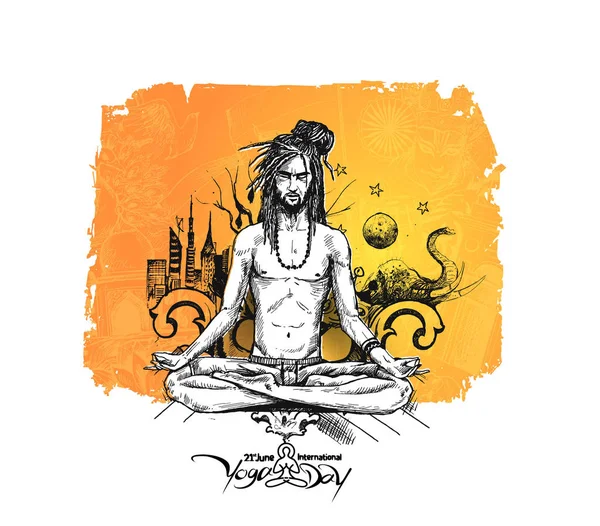 Yoga Guru Baba söker inre frid med Urban City. Hand dra — Stock vektor