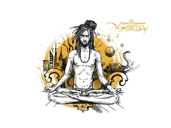 Yoga-Guru Baba auf der Suche nach innerem Frieden mit der Großstadt. Hand aufs Herz — Stockvektor