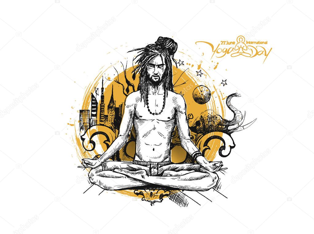Yoga Guru Baba Looking for Inner Peace with urban city. Hand Dra