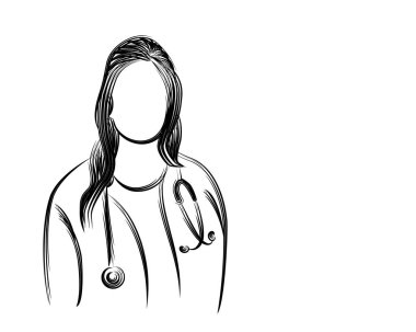 Kadın Doktor - Tıbbi Simge, Çizgi Sanat Tasarım Vektör Arka Plan.