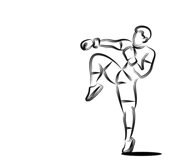 Silueta de un boxeo haciendo patada lateral de pie, arte de línea plana — Vector de stock