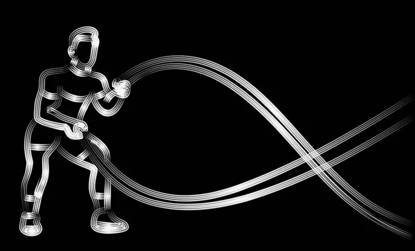 Сильный бодибилдер спортсмен с боевой веревкой делает упражнения — стоковый вектор