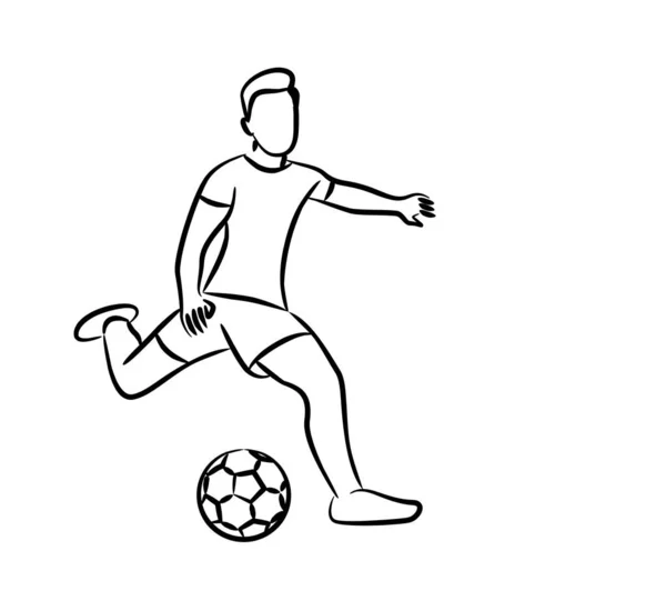 Jugador de fútbol patea la pelota, línea plana vector de arte ilustración — Archivo Imágenes Vectoriales
