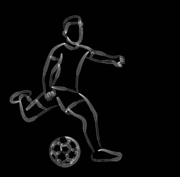 Jogador de futebol chuta a bola, linha plana arte vector illustratio —  Vetores de Stock