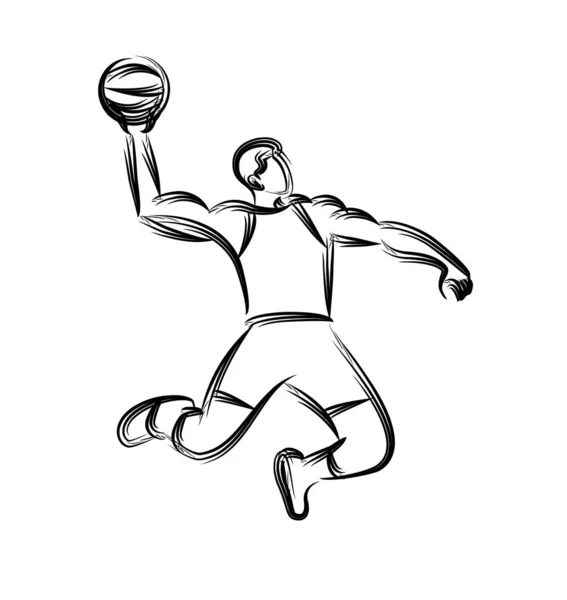 線の描画、ベクトル イラストの液体につけることをジャンプのバスケット ボール選手 — ストックベクタ
