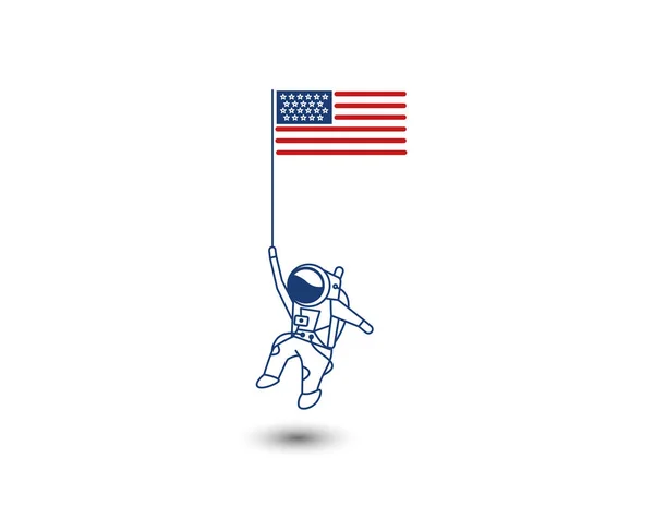 Astronaut Holding USA flagga Flat Line Art vektor design Illustrat — Stock vektor