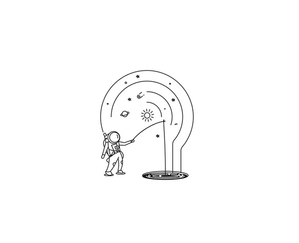 Aastronaut met een Spinning Rod vangen vis op een gat, platte Lin — Stockvector