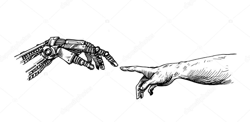 Hands of Robot and Human hands touching with fingers, Virtual Re