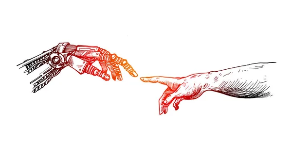 Kezében robot és az emberi kéz megérintette az ujjaival, Virtual re — Stock Vector