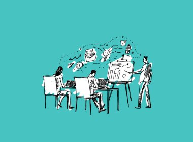 Strateg yapan başarılı iş adamlarının çizim illüstrasyonu