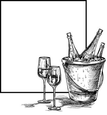 Şarap şişesi, kırmızı şarap bir bardak kroki. El çizilmiş Sketch Vect