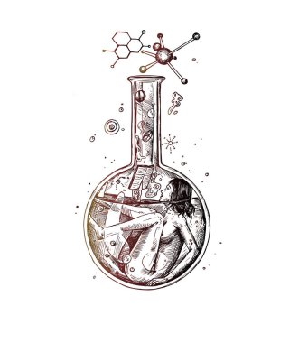 Bir kimya cam okuma Chemica ile bilim adamı kadın Doodle