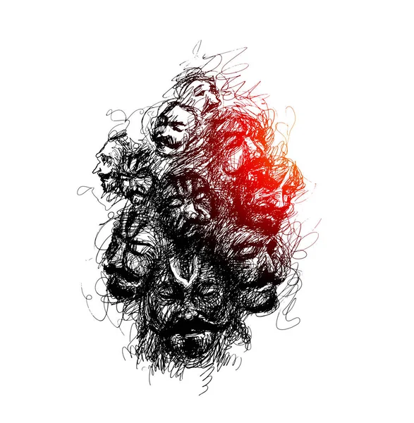 Rostros humanos línea continua, dibujo de cabezas, dibujado a mano Sketc — Vector de stock
